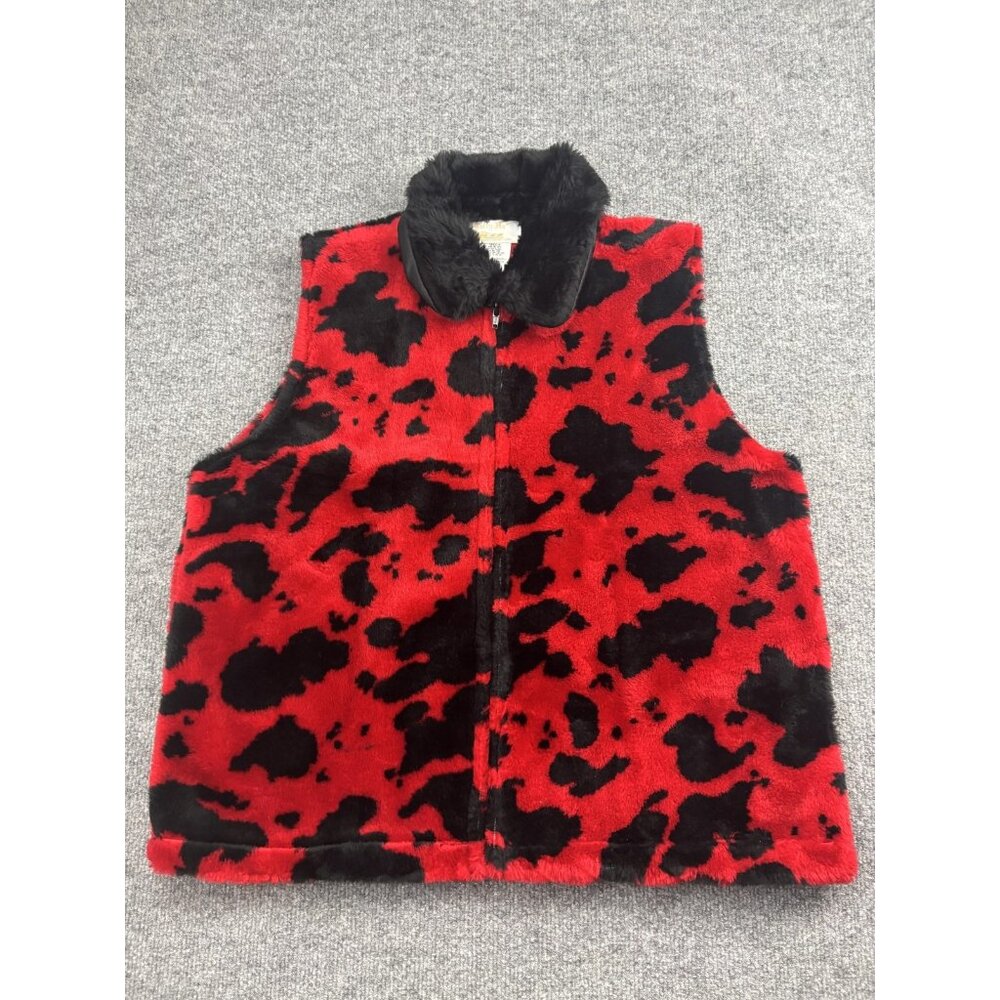 Tally-Ho Vest Womens Large Red Black Faux Fur Zip Front Animal Print Plush Soft